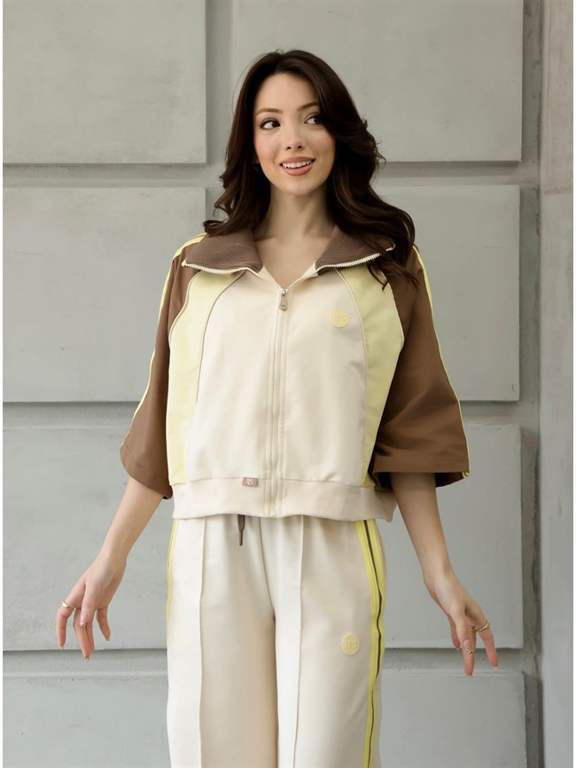 Triko Boğazlı Ribana Şeritli Takım 4705 Ekru / Kahve