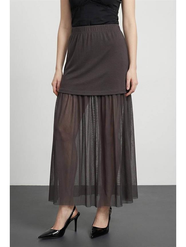 Tül Astarlı Mini Etek Etk01452 Kahve