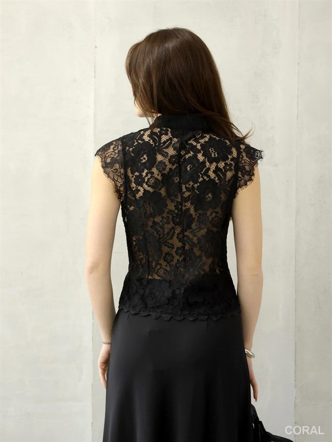 Tül Dantelli Kolsuz Bluz 37199 Siyah