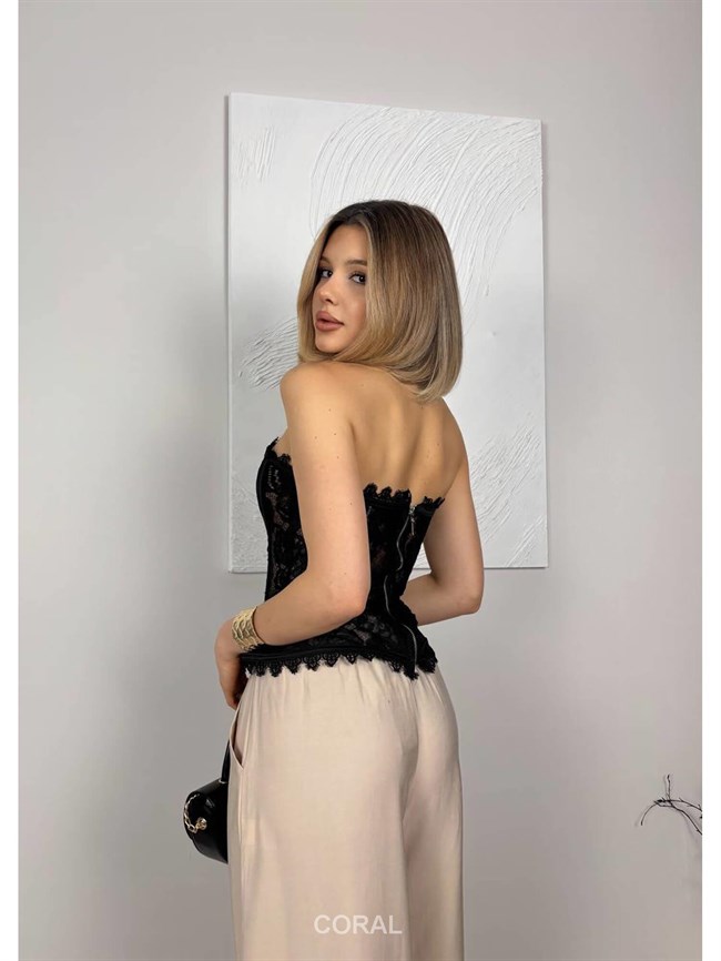 Tül Dantelli Korseli Straplez Bluz 20273 Siyah