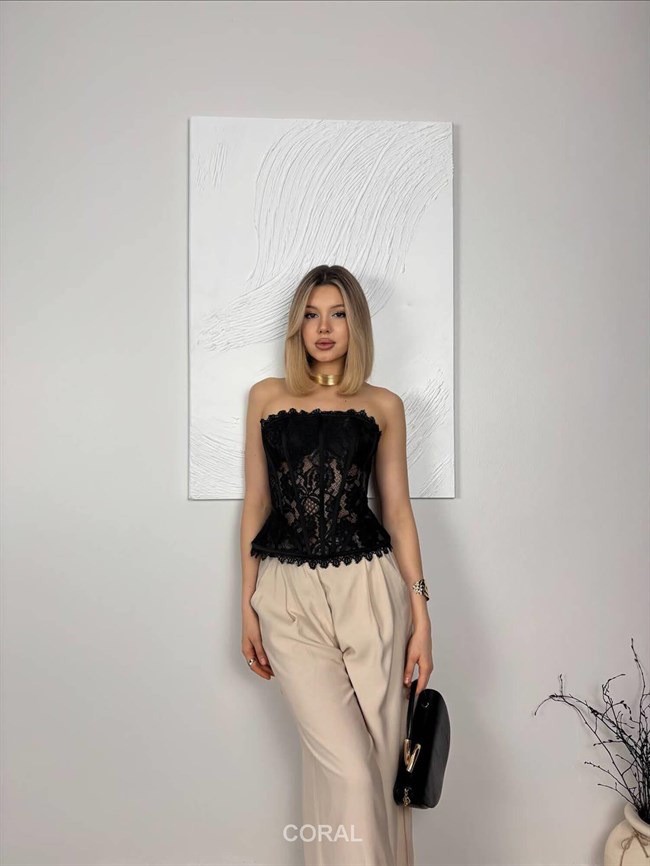 Tül Dantelli Korseli Straplez Bluz 20273 Siyah