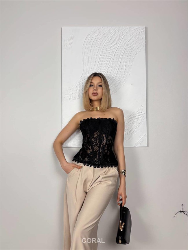 Tül Dantelli Korseli Straplez Bluz 20273 Siyah