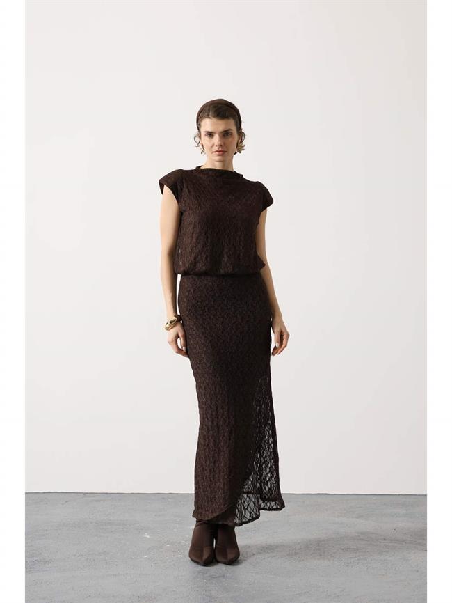 Tül Dantelli Uzun Elbise 35532 Kahve