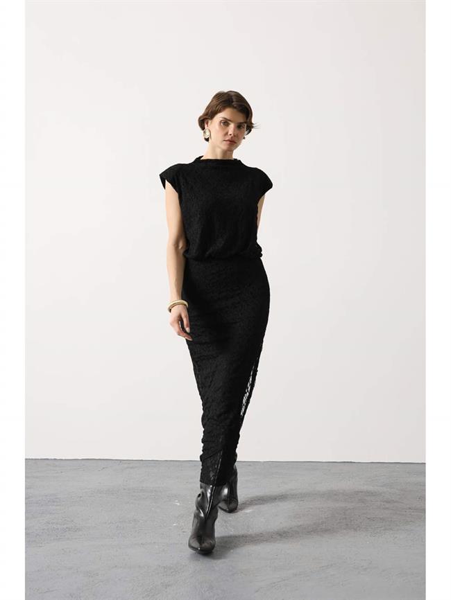 Tül Dantelli Uzun Elbise 35532 Siyah