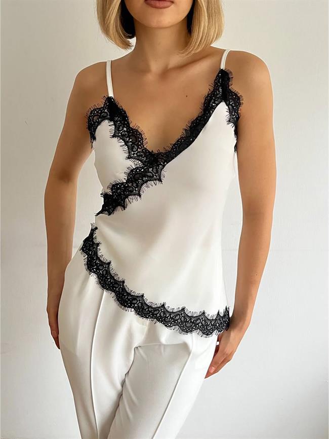 Tül Detaylı Askılı Saten Bluz 20030 Beyaz