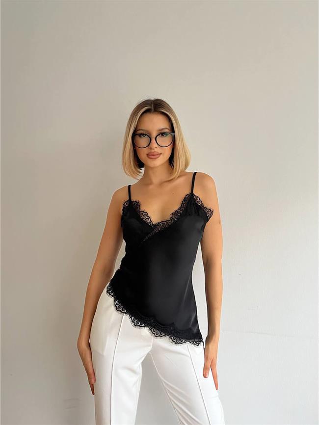 Tül Detaylı Askılı Saten Bluz 20030 Siyah