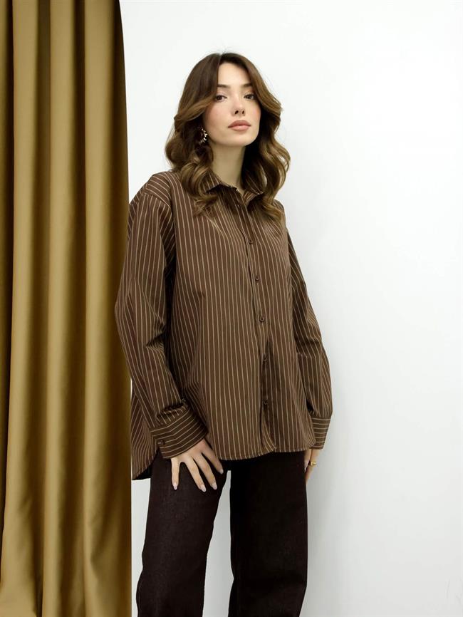 Uzun Çizgili Gömlek 3203 Acı Kahve