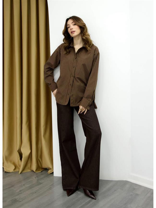 Uzun Çizgili Gömlek 3203 Acı Kahve