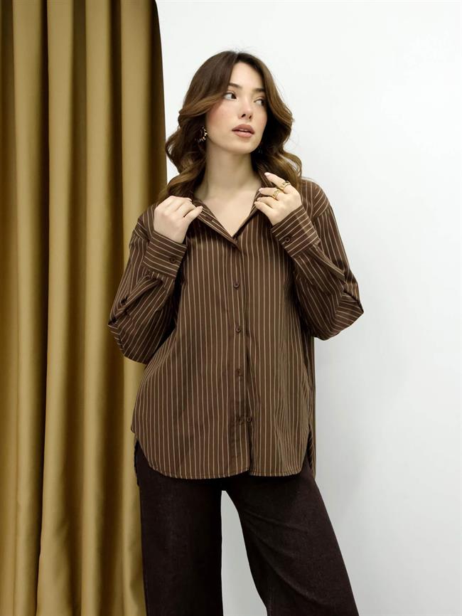 Uzun Çizgili Gömlek 3203 Acı Kahve