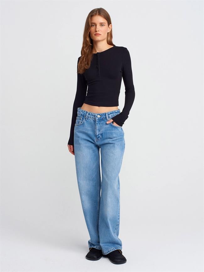 Uzun Kollu Çıtçıt Düğmeli Kazak 31442 Siyah