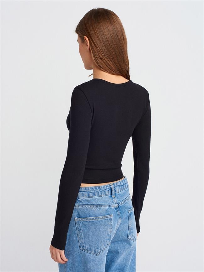 Uzun Kollu Çıtçıt Düğmeli Kazak 31442 Siyah