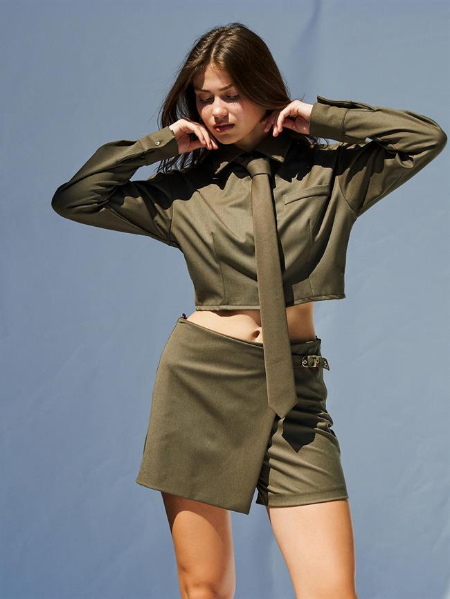 Uzun Kollu Crop Gömlek 080717 Haki