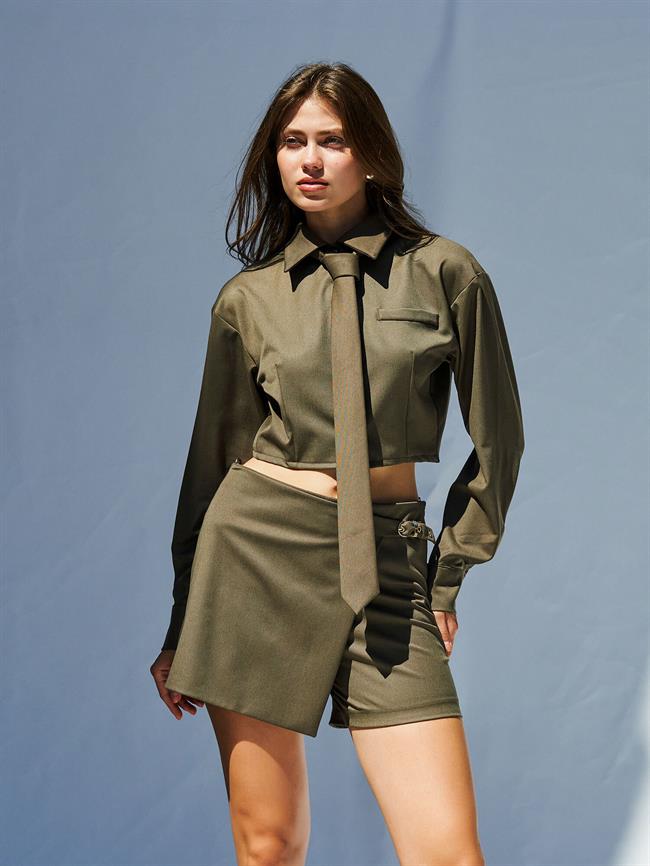 Uzun Kollu Crop Gömlek 080717 Haki