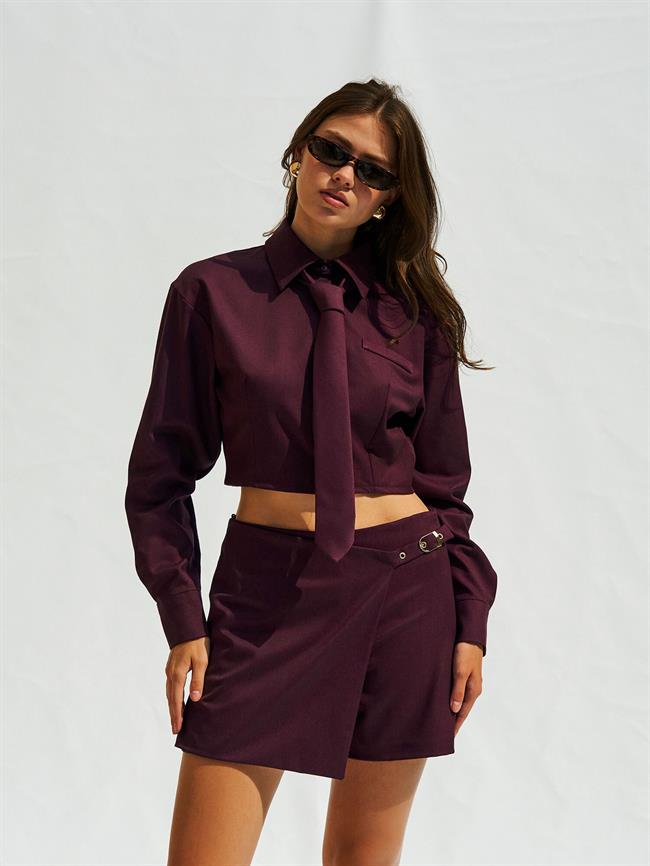 Uzun Kollu Crop Gömlek 080717 Mürdüm