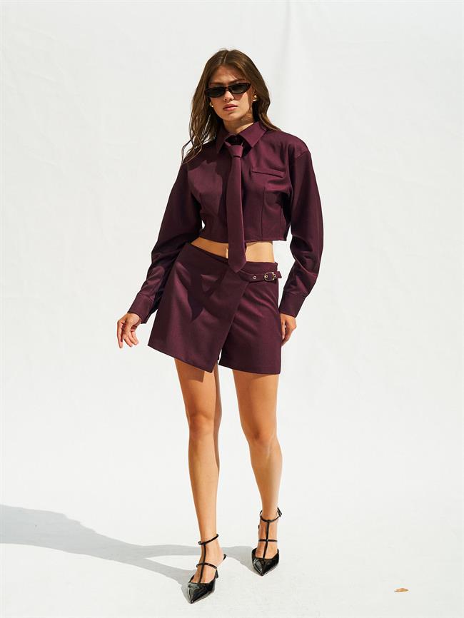 Uzun Kollu Crop Gömlek 080717 Mürdüm