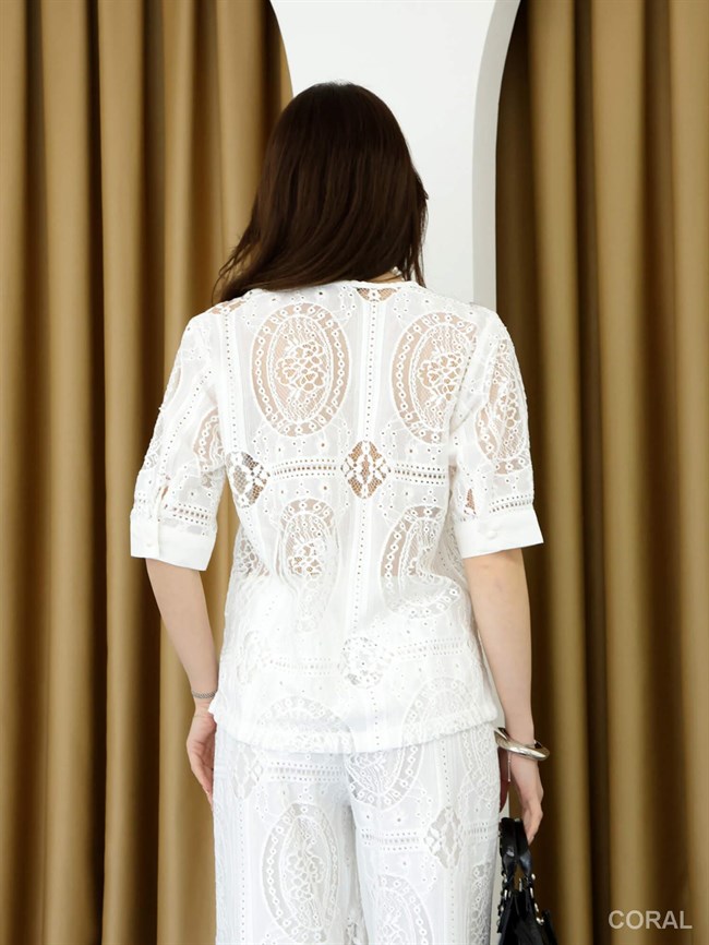 V Yaka Kısa Kollu Tül Dantelli Gömlek 29602 Ekru