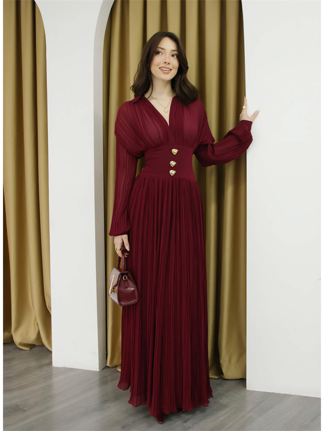 V Yaka Piliseli Elbise 252732 Bordo