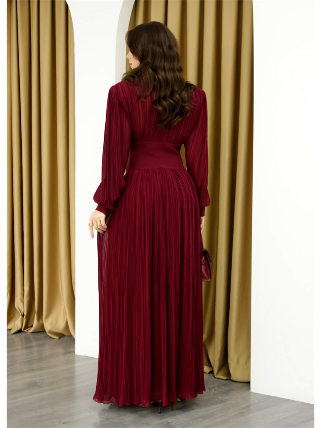 V Yaka Piliseli Elbise 252732 Bordo