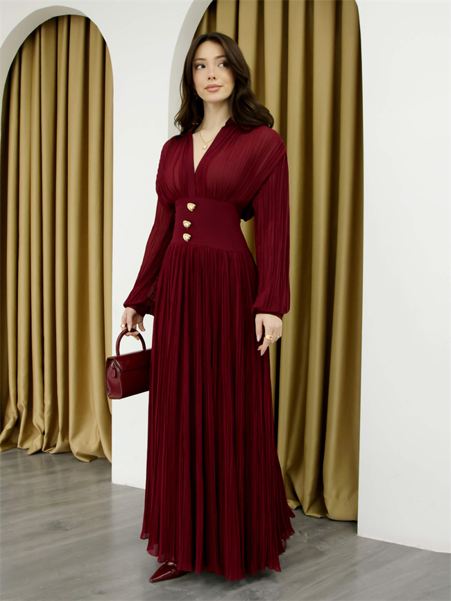 V Yaka Piliseli Elbise 252732 Bordo