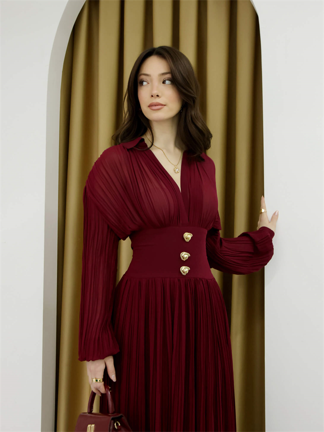 V Yaka Piliseli Elbise 252732 Bordo