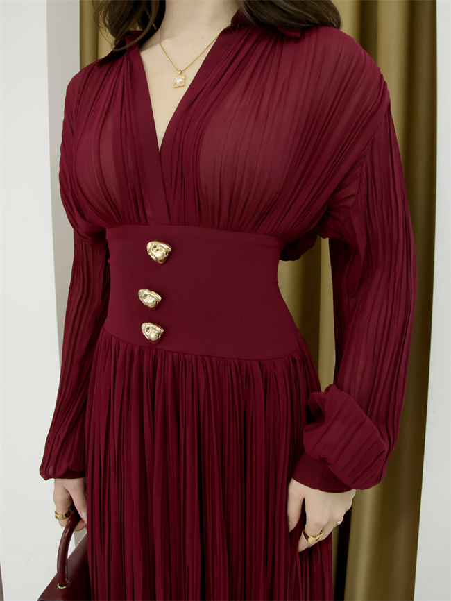 V Yaka Piliseli Elbise 252732 Bordo