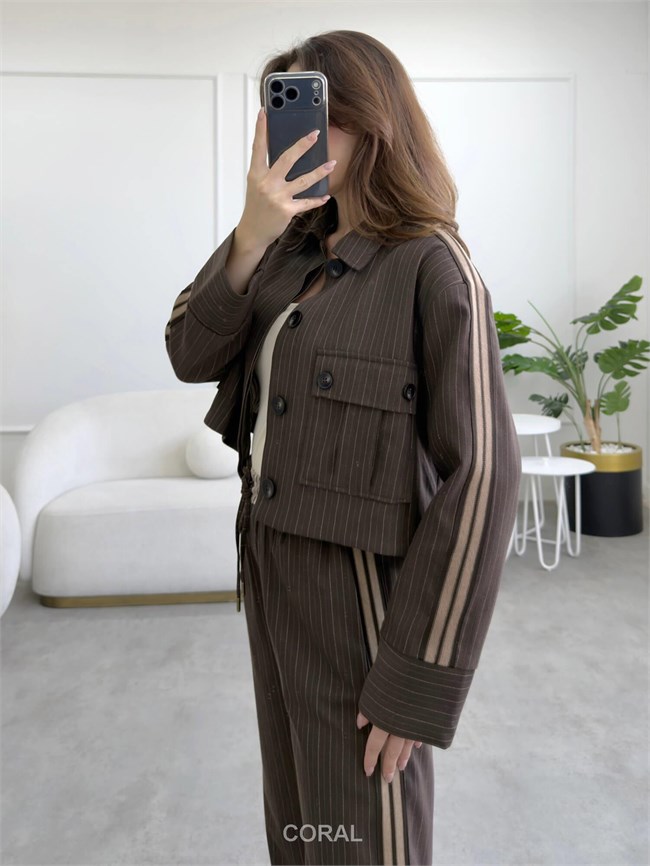 Vatkalı Çizgili Kısa Ceket CKT02642 Kahve