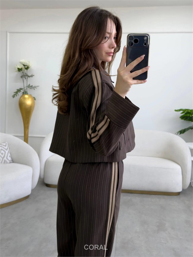 Vatkalı Çizgili Kısa Ceket CKT02642 Kahve