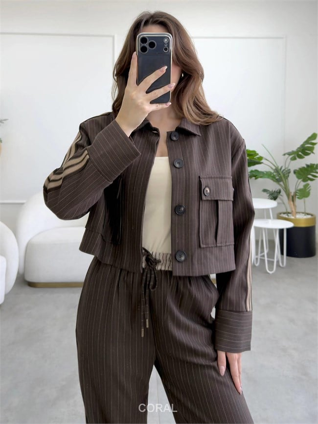 Vatkalı Çizgili Kısa Ceket CKT02642 Kahve