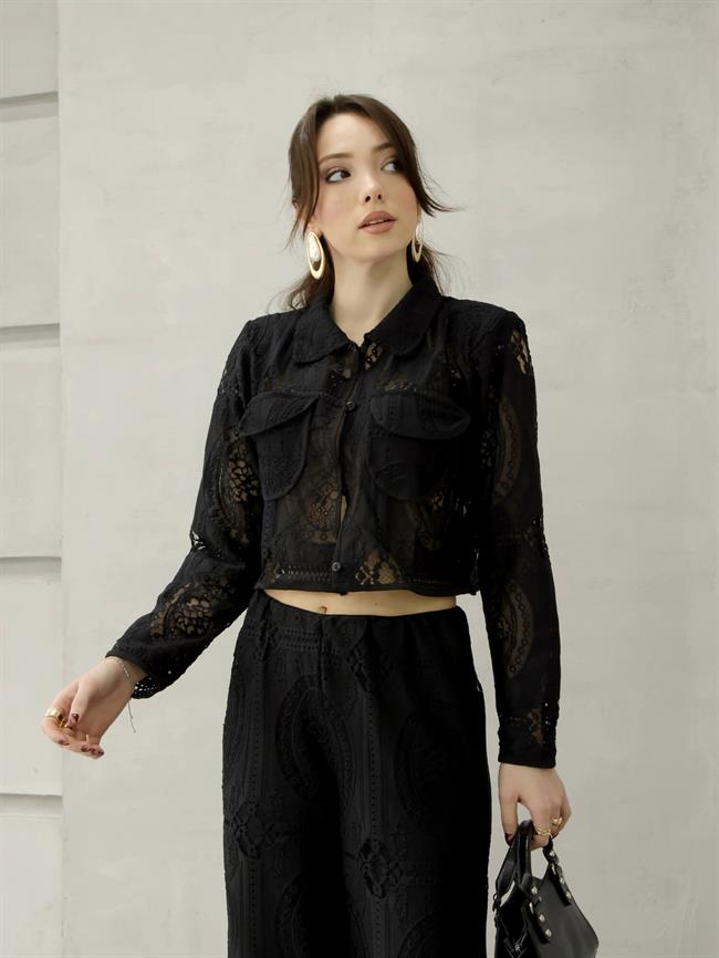 Vatkalı Dantelli Bluz 29580 Siyah