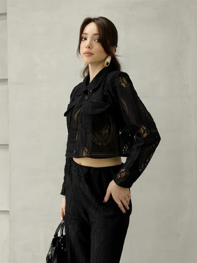 Vatkalı Dantelli Bluz 29580 Siyah