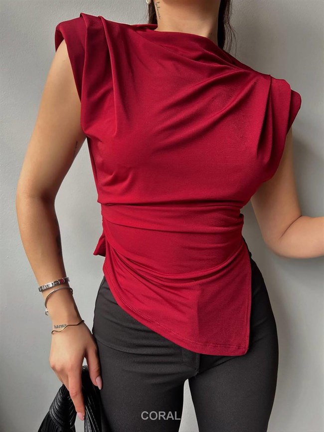 Vatkalı Kolsuz Büzgülü Bluz 13538 Bordo