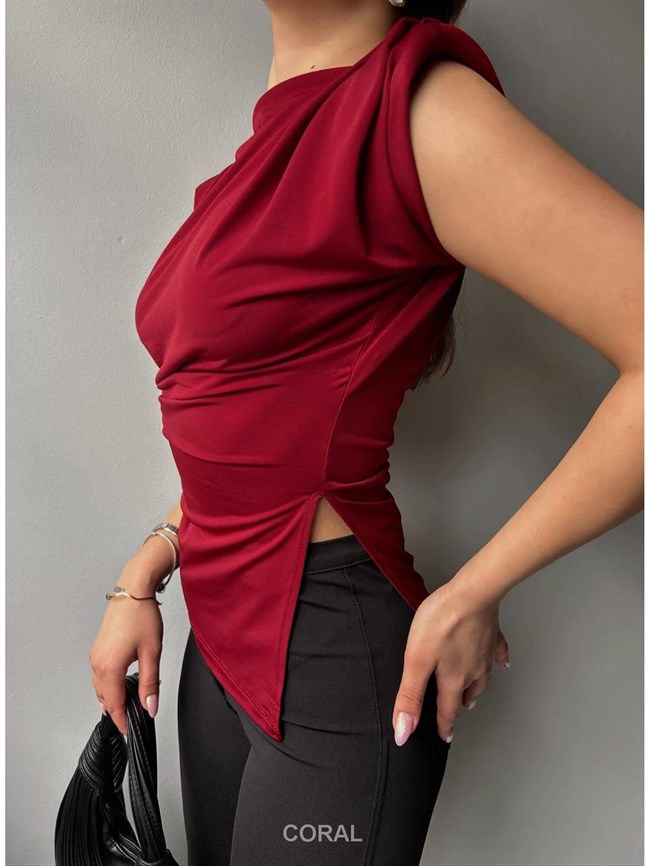Vatkalı Kolsuz Büzgülü Bluz 13538 Bordo