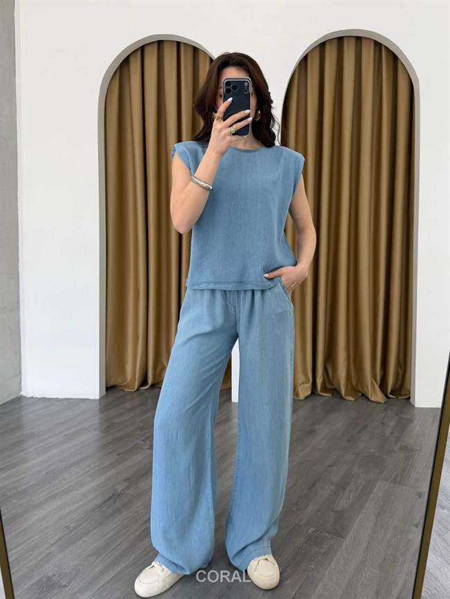 Vatkalı Tişörtlü Kot Takım 37358 Buz Mavi