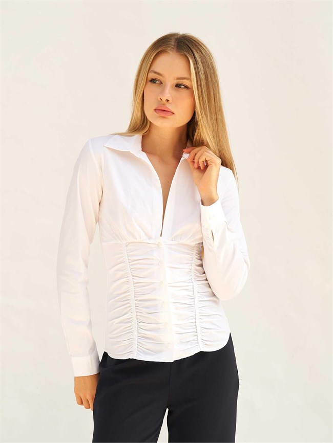 Vücuda Oturan Beli Korsajlı Poplin Gömlek 080889 Beyaz