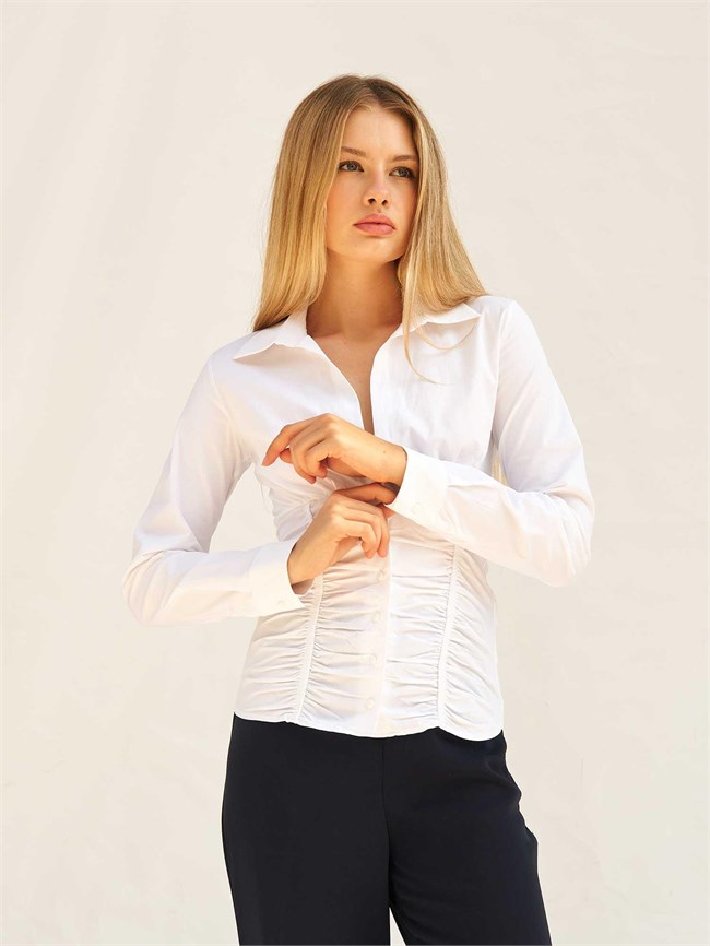 Vücuda Oturan Beli Korsajlı Poplin Gömlek 080889 Beyaz