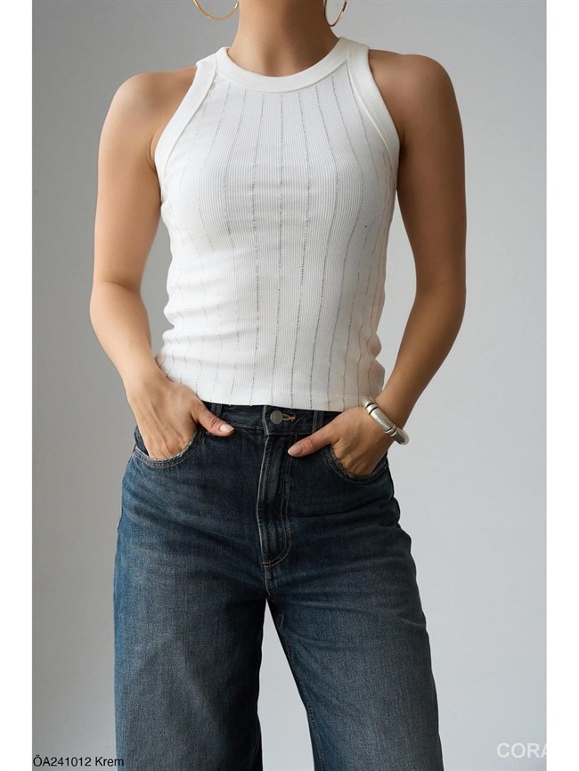 Yağmur Taşlı Halter Yaka Atlet ÖA241012 Beyaz