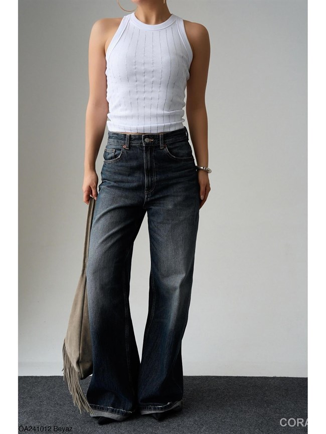 Yağmur Taşlı Halter Yaka Atlet ÖA241012 Beyaz