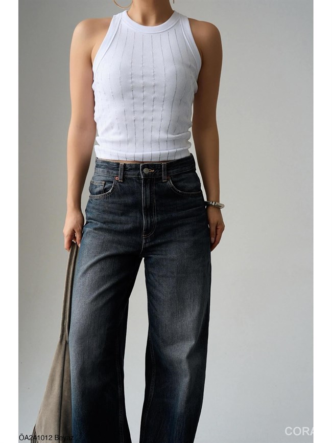 Yağmur Taşlı Halter Yaka Atlet ÖA241012 Beyaz