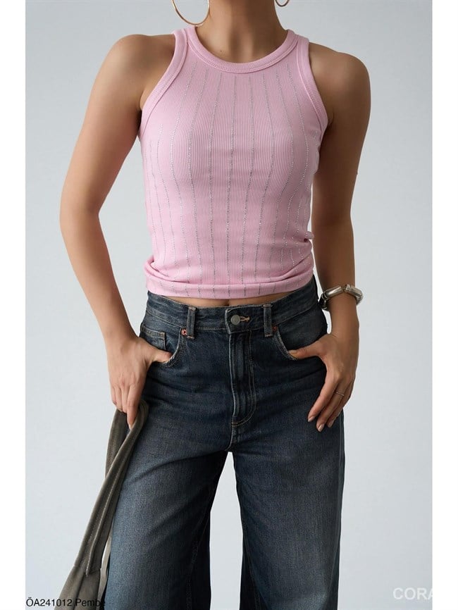 Yağmur Taşlı Halter Yaka Atlet ÖA241012 Pembe