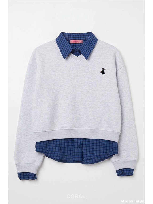 Yaka Detaylı Nakışlı Sweatshirt SWT02432 Gri