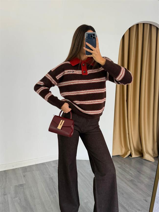 Yakalı Kalp Nakışlı Çizgili Kazak 7790 Bej - Kahve