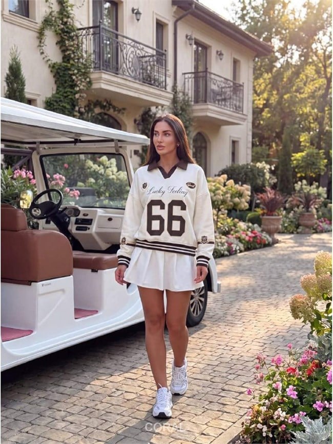 Yakalı Yazılı SweatShirt 5908 Beyaz