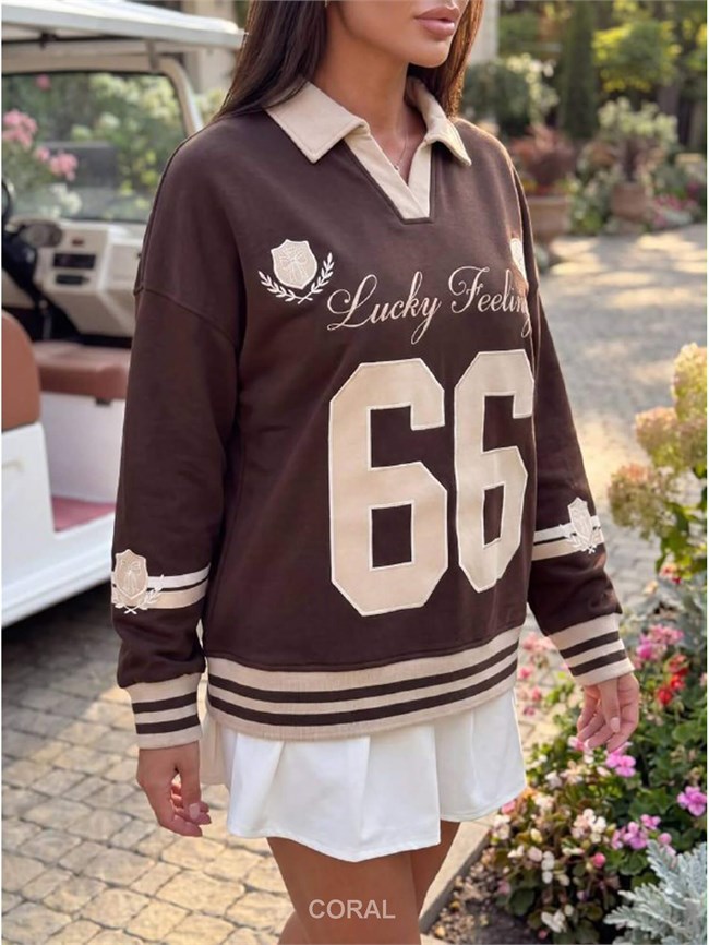 Yakalı Yazılı SweatShirt 5908 Kahve
