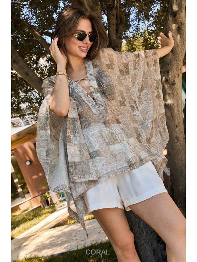 Yakası Bağcıklı Desenli Kimono 5112 Bej