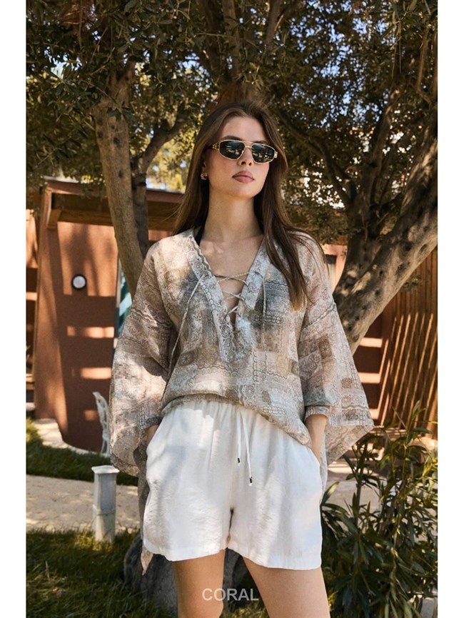 Yakası Bağcıklı Desenli Kimono 5112 Bej