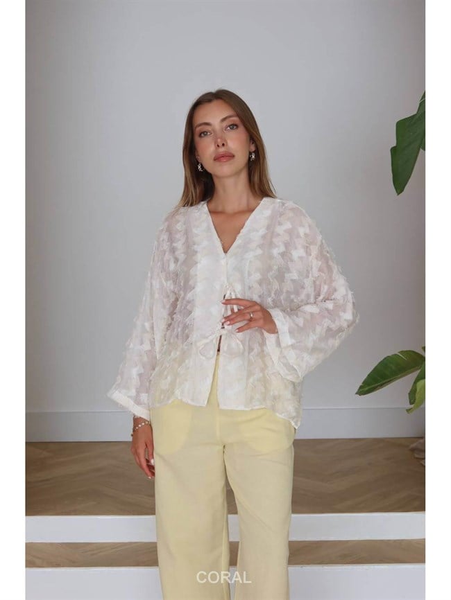 Yakası Bağcıklı Pis Dikişli Kimono 7049 Ekru