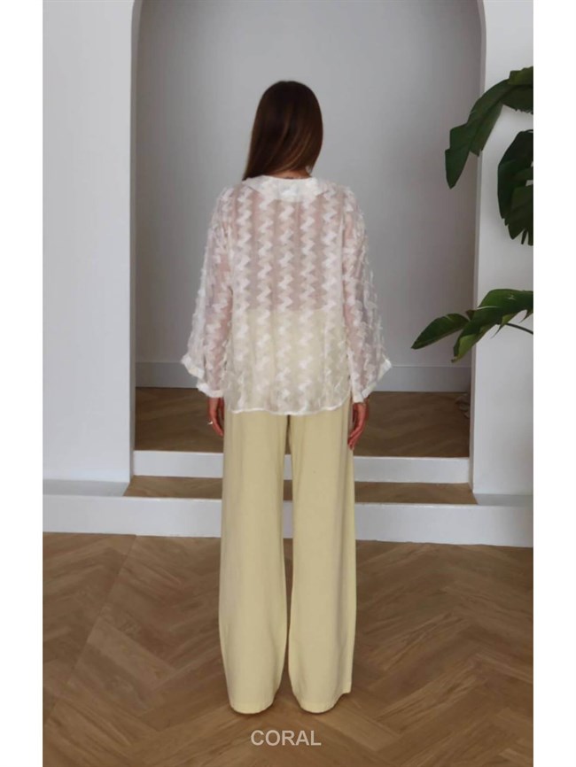 Yakası Bağcıklı Pis Dikişli Kimono 7049 Ekru
