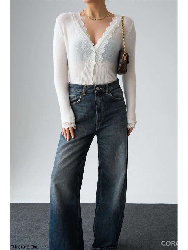 Yakası Dantelli Hırka TH261013 Ekru