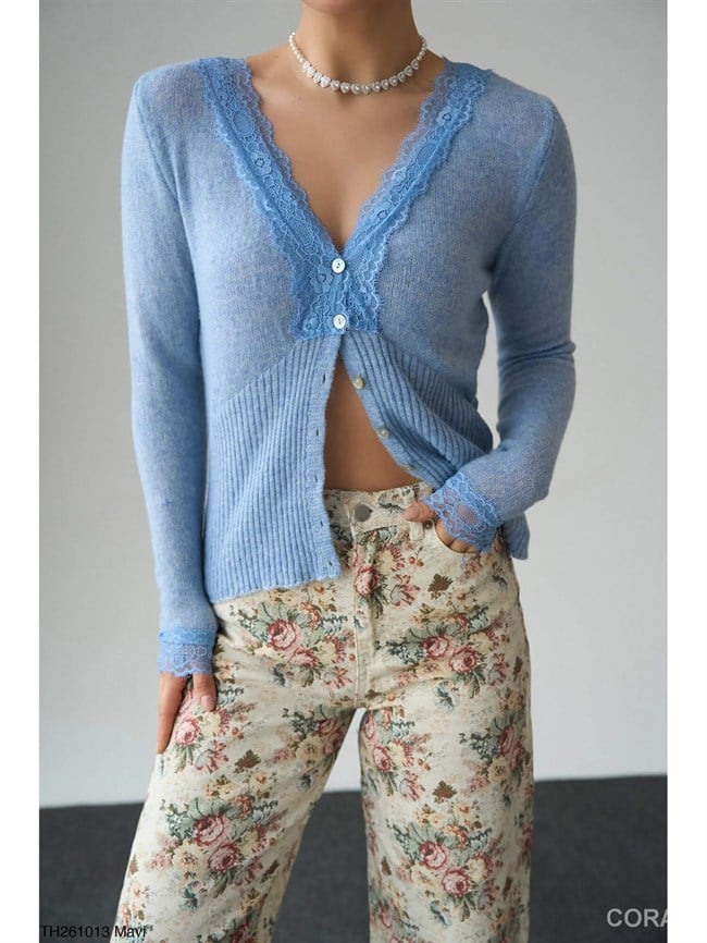 Yakası Dantelli Hırka TH261013 Mavi