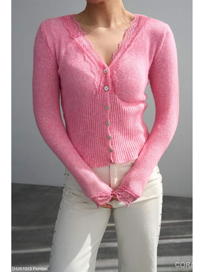 Yakası Dantelli Hırka TH261013 Pembe